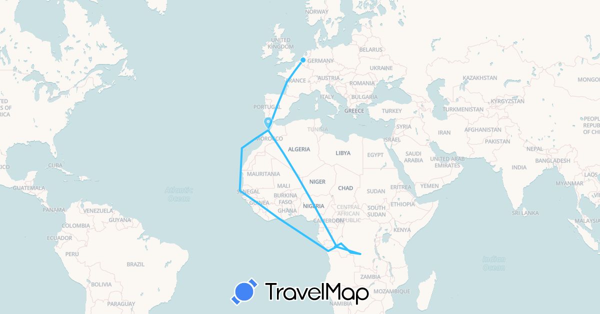 TravelMap itinerary: boat in Belgium, Democratic Republic of the Congo, Côte d'Ivoire, Spain, France, Morocco, Senegal (Africa, Europe)